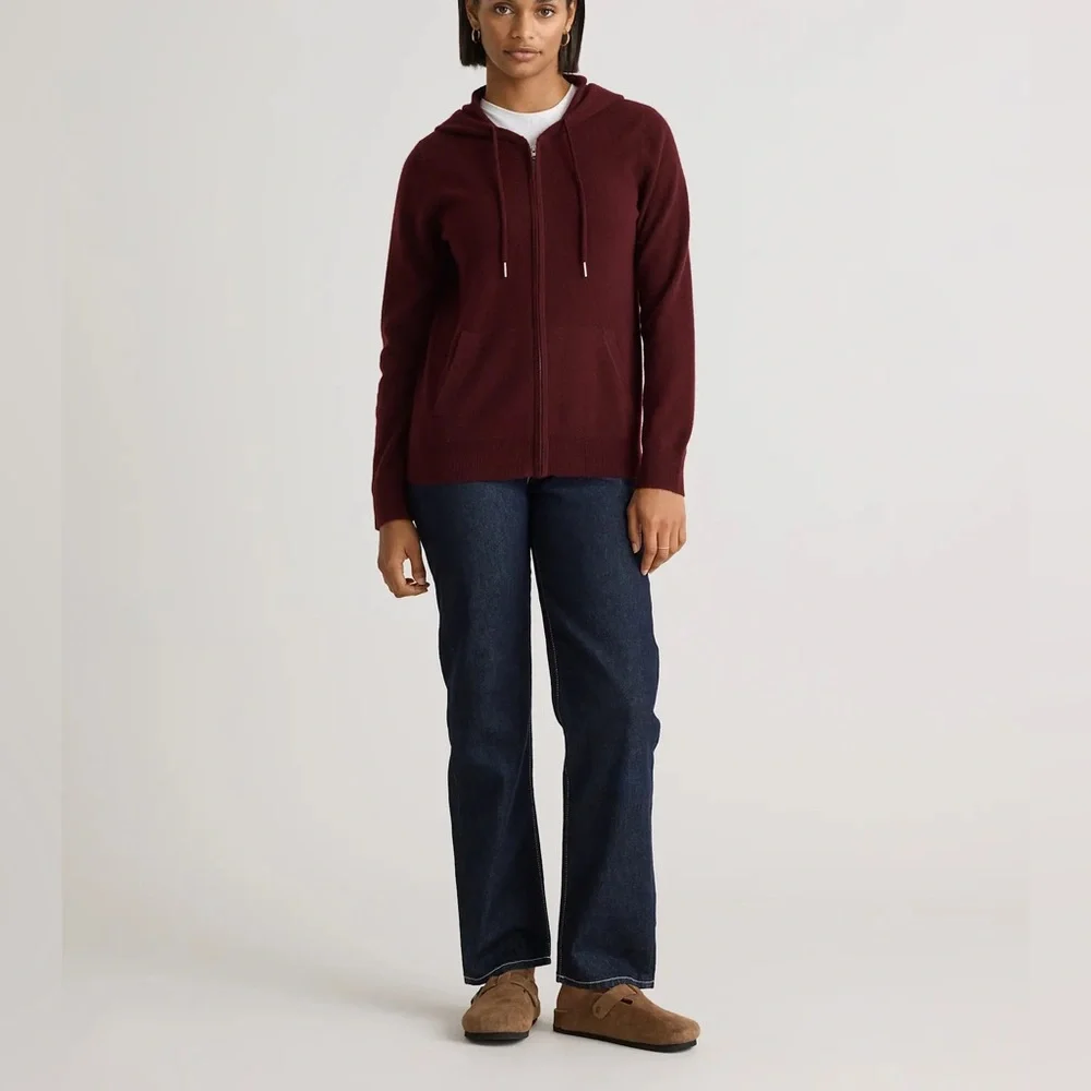 QUINCE Mongolian Cashmere Full-Zip Hoodie Rich Burgundy - Picture 2 of 10